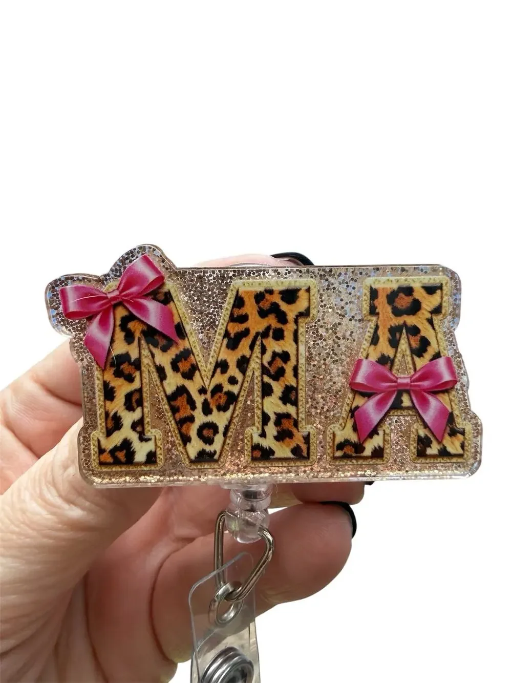 Medical Assistant MA Leopard Glitter Badge Reel with Pink Bows
